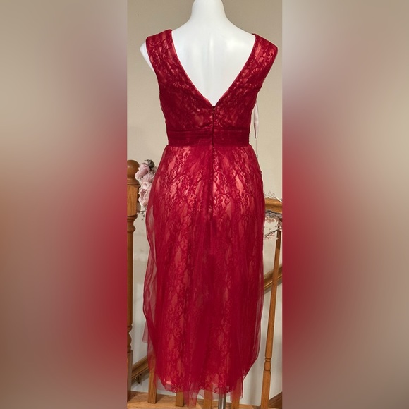 JJ’s House Burgundy NWT Sheath/Column Tea-Length Tulle Cocktail Dress Ruffle Sz4 - Picture 8 of 16